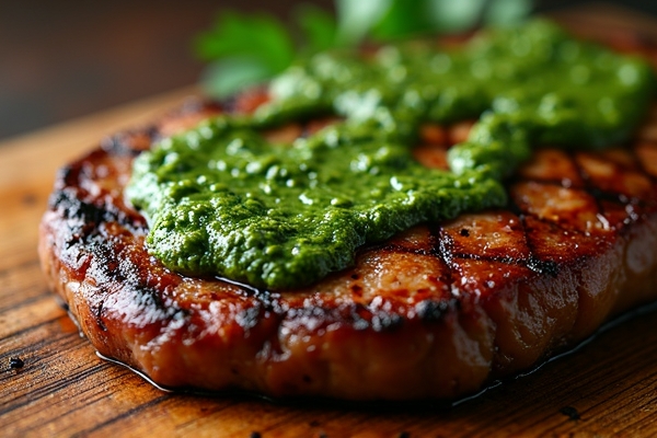 การเสิร์ฟซอส Chimichurri ร่วมกับสเต็ก