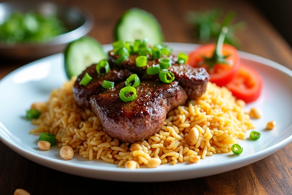 สเต็กข้าวผัดกระเทียมในครัวไทย